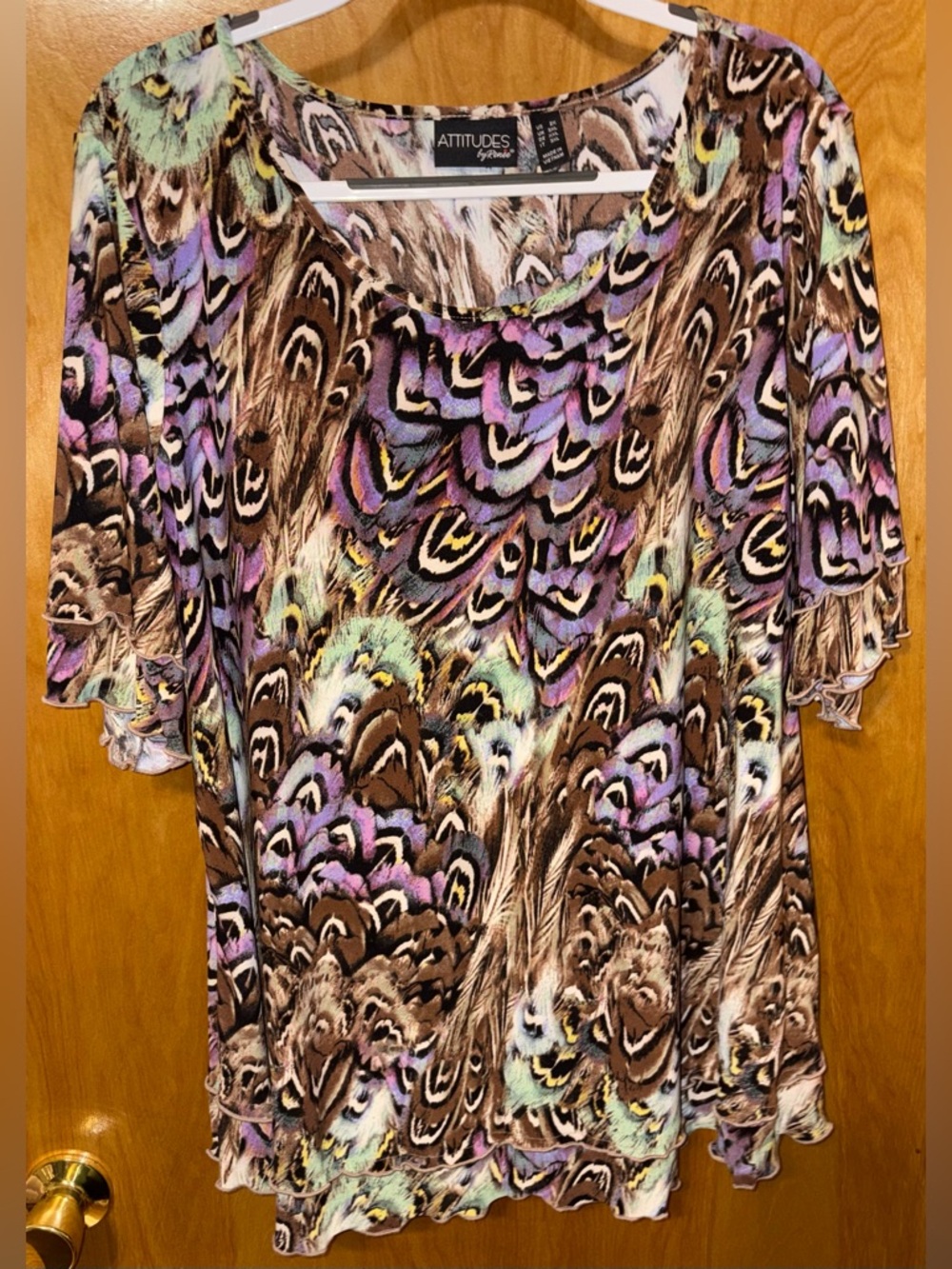 Attitudes by Renee purple/brown printed Como Jersey double layered top Size 2X